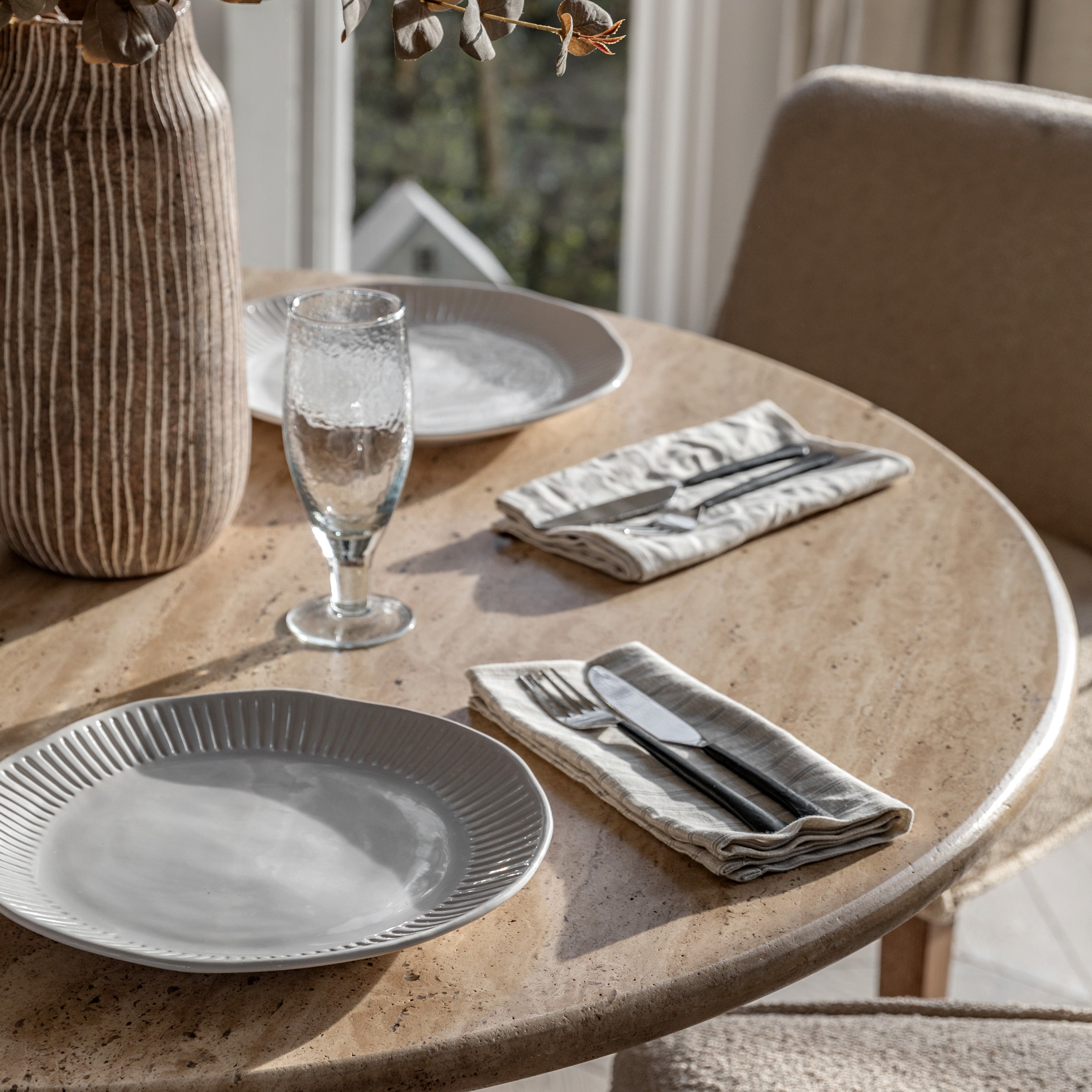 Anders Dark Brown Mango Wood & Travertine Round Dining Table